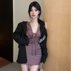 Sleeveless V-Neck Plain Tie-Up Panel Lace Mini Sheath Dress