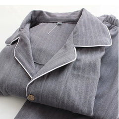 Pajama Set: Long-Sleeve Lapel Collar Contrast Trim Button-Up Top + Pants