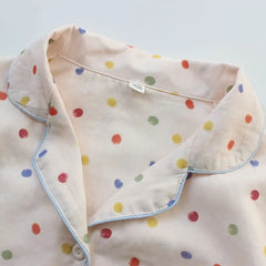 Pajama Set: Long-Sleeve Lapel Collar Dotted Button-Up Top + Pants