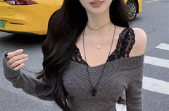 Long-Sleeve Off-Shoulder Plain Knit Mini Sheath Dress / Lace Tank Top