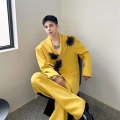 Set: Lapel Collar Plain Single Breasted Blazer + Mid Rise Plain Wide Leg Pants