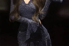 Long Sleeve V-Neck Sequined Lace Mini A-Line Dress