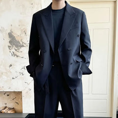 Lapel Collar Plain Double Breasted Blazer / Mid Rise Plain Wide Leg Pants