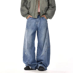 Mid Rise Washed Distressed Panel Wide Leg Jeans