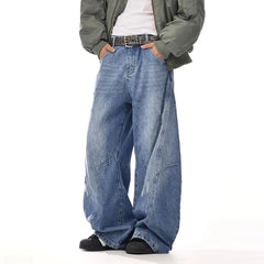 Mid Rise Washed Distressed Panel Wide Leg Jeans