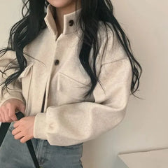 Stand Collar Single-Breasted Woolen Croped Jacket