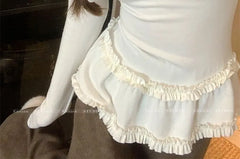 Long-Sleeve Round Neck Ruffle Trim Slim Fit T-Shirt