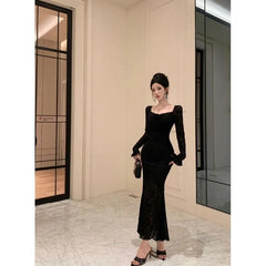 Long-Sleeve Square Neck Lace Maxi Mermaid Dress