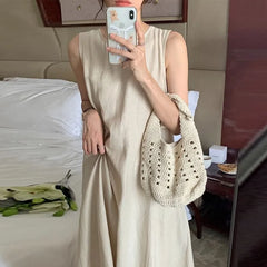 Sleeveless Plain Cut-Out Loose-Fit Midi A-Line Dress