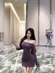 Long-Sleeve Off-Shoulder Plain Lace Mini Sheath Dress