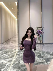 Long-Sleeve Off-Shoulder Plain Lace Mini Sheath Dress