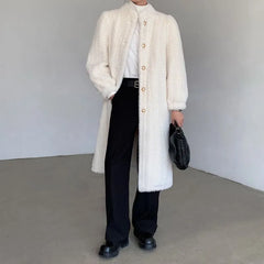 Stand Collar Plain Fluffy Button-Up Long Coat