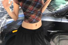 Short-Sleeve Crew Neck Plaid Crop Top