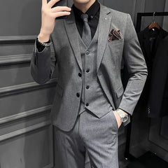 Notch Lapel Plain Single-Breasted Blazer / Vest / Mid Rise Tapered Dress Pants / Set