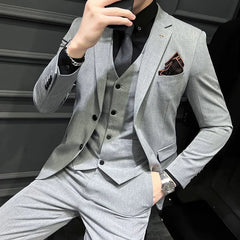 Notch Lapel Plain Single-Breasted Blazer / Vest / Mid Rise Tapered Dress Pants / Set