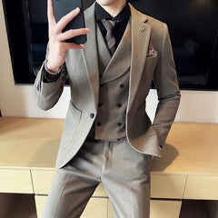 Set: Notch Lapel One-Buttoned Plain Blazer + Mid Rise Cropped Straight Leg Dress Pants + V-Neck Double-Breasted Vest