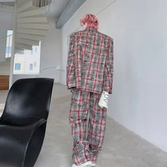 Set: Lapel Collar Plaid Double Breasted Blazer + Mid Rise Wide Leg Pants