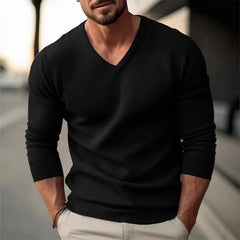Long-Sleeve V-Neck Plain Knit Top