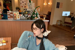 Long-Sleeve V-Neck Striped Knit Top / High Waist Plain Ruffled Midi A-Line Layered Skirt / Dotted Scarf