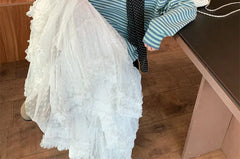 Long-Sleeve V-Neck Striped Knit Top / High Waist Plain Ruffled Midi A-Line Layered Skirt / Dotted Scarf