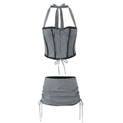 Halter Plaid Panel Lace Trim Top / Mid Waist Drawstring Mini Pencil Skirt