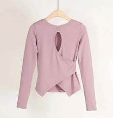 Asymmetrical Cutout Long Sleeve Round Neck Plain Sports T-Shirt