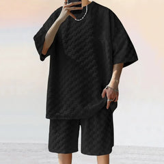 Set: 3/4-Sleeve Crew Neck Checkerboard T-Shirt + Drawstring Waist Wide Leg Sweat Shorts