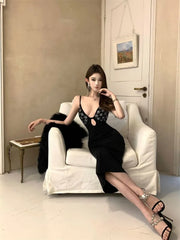 Spaghetti Strap Deep Plunge Plain Rhinestone Midi Sheath Dress