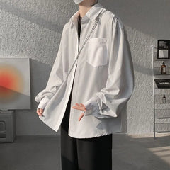 Long-Sleeve Two Tone Striped Panel Pocket Detail Shirt