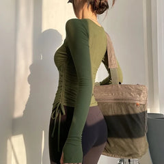 Mock Two-Piece Long-Sleeve Cutout Plain Crop Sports Top