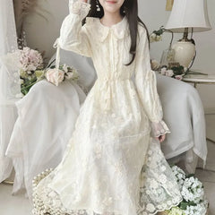 Long-Sleeve Collared Lace Midi A-Line Dress