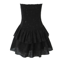 Strapless Hook & Eye Mini A-Line Eyelet Lace Layered Dress