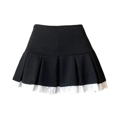 High Waist Pleated Lace Trim Skort