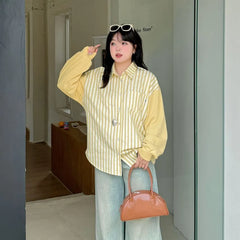 [XL-4XL] Long Sleeve Collared Striped Panel Shirt