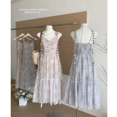 Spaghetti Strap V-Neck Tie Dye Ruched Mesh Midi A-Line Dress