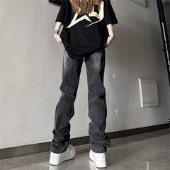 Mid Rise Distressed Washed Straight Leg Jeans