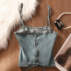 Studded Denim Crop Bustier Top