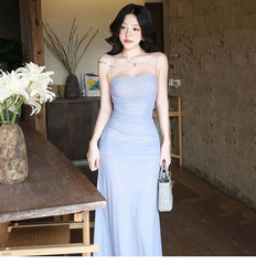 Spaghetti Strap Plain Ruched Maxi Bodycon Dress