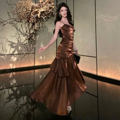 Spaghetti Strap Plain Ruffle Ruched Maxi A-Line Dress