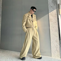 Set: Notch Lapel Plain Cropped Single-Button Blazer + Mid Rise Inverted Pleated Wide Leg Pants