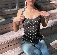 Halter Neck Dotted Ruffled Hem Slim-Fit Tank Top