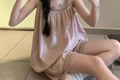 Pajama Set: Plain Lace Trim Camisole Top + Shorts