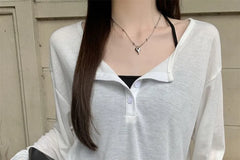 Long-Sleeve Henley Plain Ribbed T-Shirt / Halter Neck Padded Crop Top