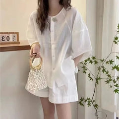 Linen 3/4 Sleeve Round Neck Loose Blouse