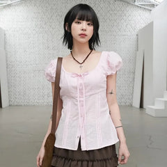 Puff Sleeve Scoop Neck Plain Slim-Fit Shirt