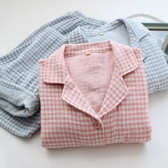 Couple Matching Pajama Set: Long Sleeve Collared Plaid Shirt + Elastic Waist Straight Leg Pants (Various Designs)