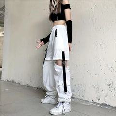 Elastic Waist Plain Cutout Buckled Wide Leg Cargo Pants