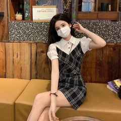 Puff-Sleeve Collar Plaid Mock Two-Piece Mini Sheath Dress