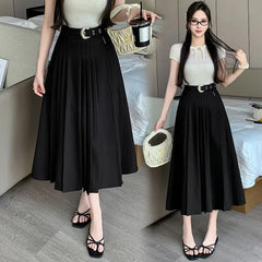 High Waist Plain Pleated Midi A-Line Skirt