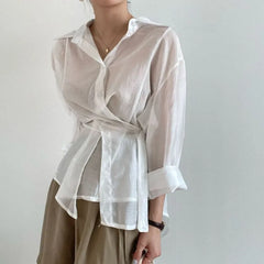 Long-Sleeve Plain Asymmetrical Sashed Shirt